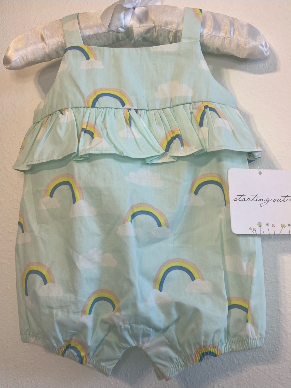 NWT Starting Out Mint Rainbow Romper with Ruffle